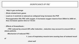 SIGNIFICANCE OF FRC
• Help in gas exchange
• Dilute inhaled toxic gases
• Load on rt ventricle is reduced as collapsed lung increases the PVR
• Preoxygenation fills FRC with oxygen. It increases oxygen reserve from 500ml to 2400 ml ,
thus increases apenic time to 7-8 min
• Effects of Anaesthesia :
- FRC reduced by around 20% after induction , reduction may account to around 50% in
obese patients.
-Mechanism of reduced FRC :
1. Loss of inspiratory muscle tone causing loss of outward recoil
of
chest wall
 