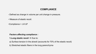 COMPLIANCE
• Defined as change in volume per unit change in pressure.
• Measure of elastic recoil.
•Compliance = ∆V/∆P
Factors affecting compliance :
1.Lung elastic recoil  Due to:
a) Surface tension in the alveoli (accounts for 70% of the elastic recoil)
b) Stretched elastic fibers in the lung parenchyma
 