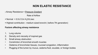 NON ELASTIC RESISTANCE
 Airway Resistance = Pressure Gradient
Rate of Airflow
 Normal = 0.5-2 Cm H2O/L/sec
 Highest contribution - medium sized bronchi ( before 7th generation)
Factors affecting airway resistance
1. Lung volume
2. Density and viscosity of inspired gas
3. Small airway obstruction
• Constriction of bronchial smooth muscles
• Oedema of bronchiolar tissues, mucosal congestion, inflammation
• Plugging of the lumen by mucus, oedema fluid, exudate, or foreign bodies
 