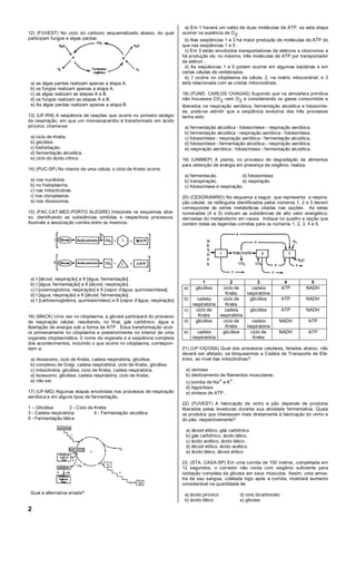 2
12) (FUVEST) No ciclo do carbono esquematizado abaixo, do qual
participam fungos e algas pardas:
a) as algas pardas realizam apenas a etapa A.
b) os fungos realizam apenas a etapa A.
c) as algas realizam as etapas A e B.
d) os fungos realizam as etapas A e B.
e) As algas pardas realizam apenas a etapa B.
13) (UF-RN} A seqüência de reações que ocorre no primeiro estágio
da respiração, em que um monossacarídio é transformado em ácido
pirúvico, chama-se:
a) ciclo de Krebs.
b) glicólise.
c) fosforilação.
d) fermentação alcoólica.
e) ciclo do ácido cítrico.
14) (PUC-SP) No interior de uma célula, o ciclo de Krebs ocorre:
a) nos nucléolos.
b) no hialoplasma.
c) nas mitocôndrias.
r) nos cloroplastos.
e) nos ribossomos.
15) (FAC.CAT.MED.PORTO ALEGRE) Interprete os esquemas abai-
xo, identifcando as substâncias omitidas e respectivos processos.
Assinale a associação correta entre os mesmos.
a) I [álcool, respiração] e II [água, fermentação] .
b) I [água, fermentação] e II [álcool, respiração] .
c) I [oxiemoglobina, respiração] e II [vapor d'água, quimiossíntese].
d) I [água, respiração] e II [álcool, fermentação] .
e) I [carboemoglobina, quimiossíntese) e II [vapor d'água, respiração]
.
16) (MACK) Uma vez no citoplasma, a glicose participará do processo
de respiração celular, resultando, no final, gás carbônico, água e
libertação de energia sob a forma de ATP . Essa transformação ocor-
re primeiramente no citoplasma e posteriormente no interior de uma
organela citoplasmática. 0 nome da organela e a seqüência completa
dos acontecimentos, incluindo o que ocorre no citoplasma, correspon-
dem a:
a) ribossomo, ciclo de Krebs, cadeia respiratória, glicólise.
b) complexo de Golgi, cadeia respiratória, ciclo de Krebs, glicólise.
c) mitocôndria, glicólise, ciclo de Krebs, cadeia respiratória.
d) lisossomo, glicólise, cadeia respiratória, ciclo de Krebs.
e) não sei.
17) (UF-MG) Algumas etapas envolvidas nos processos de respiração
aeróbica e em alguns tipos de fermentação.
1 – Glicólise 2 - Ciclo de Krebs
3 - Cadeia respiratória 4 - Fermentação aicoólica
5 - Fermentação lática
Qual a alternativa errada?
a) Em 1 haverá um saldo de duas moléculas de ATP, se esta etapa
ocorrer na ausência de O2.
b) Nas seqüências 1 e 3 há maior produção de moléculas de ATP do
que nas seqüências 1 e 5 .
c) Em 3 estão envolvidos transportadores de elétrons e citocromos e
há produção de, no máximo, três moléculas de ATP por transportador
de elétron .
d) As seqüências 1 e 5 podem ocorrer em algumas bactérias e em
certas células de vertebrados.
e) 1 ocorre no citoplasma da célula; 2, na matriz mitocondrial; e 3
está relacionada com as cristas mitocondriais.
18) (FUND. CARLOS CHAGAS) Supondo que na atmosfera primitiva
não houvesse CO2 nem O2 e considerando os gases consumidos e
liberados na respiração aeróbica, fermentação alcoólica e fotossínte-
se, pode-se admitir que a seqüência evolutiva dos três processos
tenha sido:
a) fermentação alcoólica - fotossíntese - respiração aeróbica.
b) fermentação alcoólica - respiração aeróbica - fotossíntese.
c) fotossíntese - respiração aeróbica - fermentação alcoólica.
d) fotossíntese - fermentação alcoólica - respiração aeróbica.
e) respiração aeróbica - fotossíntese - fermentação alcoólica.
19) (UNIMEP) A planta, no processo de degradação de alimentos
para obtenção de energia em presença de oxigênio, realiza:
a) fermentacão. d) fotossíntese
b) transpiração. e) respiração
c) fotossíntese e respiração.
20) (CESGRANRIO) No esquema a seguir, que representa a respira-
ção celular, os retângulos identificados pelos números 1, 2 e 3 devem
corresponder às séries metabólicas citadas nas opções. As setas
numeradas (4 e 5) indicam as substâncias de alto valor energético;
derivadas do metabolismo em causa. Indique no quadro a opção que
contém todas as legendas corretas para os números 1, 2, 3, 4 e 5.
1 2 3 4 5
a) glicólise ciclo de
Krebs
cadeia
respiratória
ATP NADH
b) cadeia
respiratória
ciclo de
Krebs
glicólise ATP NADH
c) ciclo de
Krebs
cadeia
respiratória
glicólise ATP NADH
d) glicólise ciclo de
Krebs
cadeia
respiratória
NADH ATP
e) cadeia
respiratória
glicólise ciclo de
Krebs
NADH ATP
21) (UF-VIÇOSA) Qual dos processos celulares, listados abaixo, não
deverá ser afetado, se bloquearmos a Cadeia de Transporte de Elé-
trons, ao nível das mitocôndrias?
a) osmose
b) deslizamento de filamentos musculares.
c) bomba de Na+ e K+ .
d) fagocitose.
e) síntese de ATP .
22) (FUVEST) A fabricação de vinho e pão depende de produtos
liberados pelas leveduras durante sua atividade fermentativa. Quais
os produtos que interessam mais diretamente à fabricação do vinho e
do pão, respectivamente?
a) álcool etílico, gás carbônico.
b) gás carbônico, ácido lático.
c) ácido acético, ácido lático.
d) álcool etílico, ácido acético.
e) ácido lático, álcool etílico.
23. (STA. CASA-SP) Em uma corrida de 100 metros, completada em
12 segundos, o corredor não conta com oxigênio suficiente para
oxidação completa da glicose em seus músculos. Assim, uma amos-
tra de seu sangue, coletada logo após a corrida, mostrará aumento
considerável na quantidade de
a) ácido pirúvico d) íons bicarbonato
b) ácido lático e) glicose
 