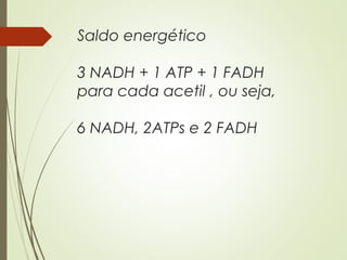 Saldo energético
3 NADH + 1 ATP + 1 FADH
para cada acetil , ou seja,
6 NADH, 2ATPs e 2 FADH
 