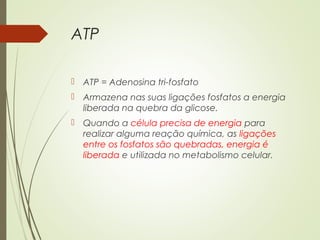 ATP
 ATP = Adenosina tri-fosfato
 Armazena nas suas ligações fosfatos a energia
liberada na quebra da glicose.
 Quando a célula precisa de energia para
realizar alguma reação química, as ligações
entre os fosfatos são quebradas, energia é
liberada e utilizada no metabolismo celular.
 