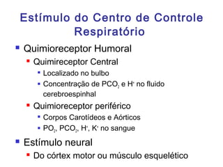 Estímulo do Centro de Controle
Respiratório
 Quimioreceptor Humoral
 Quimireceptor Central

Localizado no bulbo
 Concentração de PCO2 e H+
no fluido
cerebroespinhal
 Quimioreceptor periférico

Corpos Carotídeos e Aórticos
 PO2, PCO2, H+
, K+
no sangue
 Estímulo neural
 Do córtex motor ou músculo esquelético
 