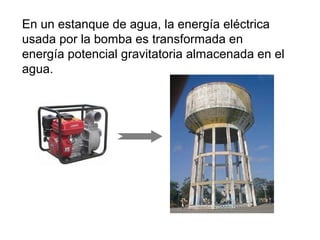 En un estanque de agua, la energía eléctrica
usada por la bomba es transformada en
energía potencial gravitatoria almacenada en el
agua.

 