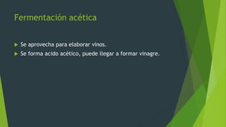 Fermentación acética 
 Se aprovecha para elaborar vinos. 
 Se forma acido acético, puede llegar a formar vinagre. 
 