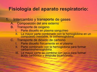 Fisiología del aparato respiratorio: Intercambio y transporte de gases Composición del aire externo Transporte de oxigeno Parte disuelto en plasma sanguíneo La mayor parte combinado con la hemoglobina en un compuesto inestable, la oxihemoglobina. Transporte de dióxido de carbono Parte disuelto físicamente en el plasma Parte combinado con la hemoglobina para formar carbaminohemoglobina La mayor parte se combina con agua para formar ácido carbónico y después bicarbonato. 