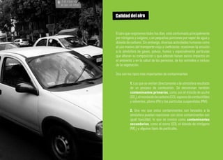 Calidad del aire


El aire que respiramos todos los días, está conformado principalmente
por nitrógeno y oxígeno, y en pequeñas porciones por vapor de agua y
dióxido de carbono. Sin embargo, diversas actividades humanas como
el uso masivo del transporte viejo e ineficiente, ocasionan la emisión
a la atmósfera de gases, polvos, humos y especialmente partículas
que alteran su composición y que además tienen serios impactos en
el ambiente y en la salud de las personas, de los animales e incluso
de la vegetación.

Dos son los tipos más importantes de contaminantes:

          1. Los que se emiten directamente a la atmósfera resultado
          de un proceso de combustión. Se denominan también
          contaminantes primarios, como son el dióxido de azufre
          (SO2), el monóxido de carbono (CO), vapores de combustibles
          y solventes, plomo (Pb) y las partículas suspendidas (PM).

          2. Una vez que estos contaminantes son lanzados a la
          atmósfera pueden reaccionar con otros contaminantes con
          igual toxicidad, lo que se conoce como contaminantes
          secundarios, como el ozono (O3), el dióxido de nitrógeno
          (NO2) y algunos tipos de partículas.
 
