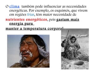 O  clima   também pode influenciar as necessidades energéticas. Por exemplo, os esquimós, que vivem em regiões  frias , têm maior necessidade de  nutrientes energéticos , pois  gastam mais energia para  manter a temperatura corporal. 