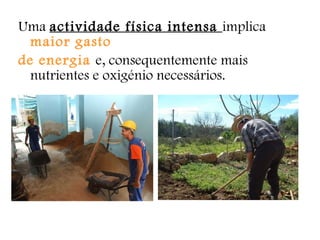 Uma  actividade física intensa  implica  maior gasto  de energia  e, consequentemente mais nutrientes e oxigénio necessários. 