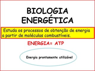 BIOLOGIA
ENERGÉTICA
Estuda os processos de obtenção de energia
a partir de moléculas combustíveis.
ENERGIA= ATP
Energia prontamente utilizável
 