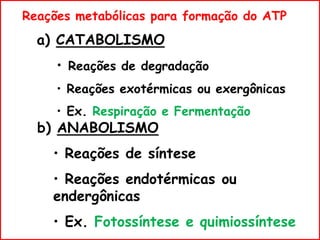 Reações metabólicas para formação do ATP
a) CATABOLISMO
• Reações de degradação
• Reações exotérmicas ou exergônicas
• Ex. Respiração e Fermentação
b) ANABOLISMO
• Reações de síntese
• Reações endotérmicas ou
endergônicas
• Ex. Fotossíntese e quimiossíntese
 