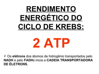 RENDIMENTO
ENERGÉTICO DO
CICLO DE KREBS:
2 ATP
 Os elétrons dos átomos de hidrogênio transportados pelo
NADH e pelo FADH2 inicia a CADEIA TRANSPORTADORA
DE ÉLETRONS.
 