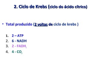 2. Ciclo de Krebs (2. Ciclo de Krebs (ciclo do ácido cítrico)ciclo do ácido cítrico)
• Total produzido (2 voltas2 voltas dede ciclo de krebs )
1. 2 – ATP
2. 6 - NADH
3. 2 - FADH2
4. 4 - CO2
 