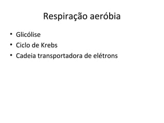 Respiração aeróbia
• Glicólise
• Ciclo de Krebs
• Cadeia transportadora de elétrons
 