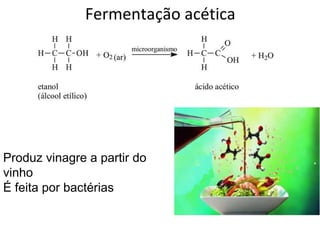 Fermentação acética
Produz vinagre a partir do
vinho
É feita por bactérias
 