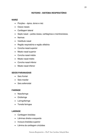 19

                        ROTEIRO - SISTEMA RESPIRATÓRIO


NARIZ
     Porções – ápice, dorso e raiz
     Ossos nasais
     Cartilagem lateral
     Septo nasal – partes óssea, cartilagínea e membranácea.
     Narinas
     Vestíbulo nasal
     Região respiratória e região olfatória
     Concha nasal superior
     Meato nasal superior
     Concha nasal média
     Meato nasal médio
     Concha nasal inferior
     Meato nasal inferior


SEIOS PARANASAIS
     Seio frontal
     Seio maxilar
     Seio esfenoidal


FARINGE
     Nasofaringe
     Orofaringe
     Laringofaringe
     Tonsila faríngea


LARINGE
     Cartilagem tireóidea
     Lâminas direita e esquerda
     Incisura tireóidea superior
     Lâmina da cartilagem cricóidea


                     Sistema Respiratório – Profª Ana Carolina Athayde Braz
 