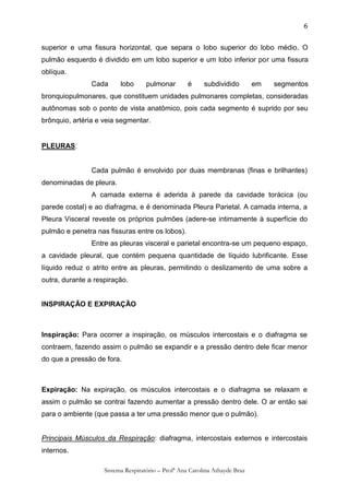 6


superior e uma fissura horizontal, que separa o lobo superior do lobo médio. O
pulmão esquerdo é dividido em um lobo superior e um lobo inferior por uma fissura
oblíqua.
                Cada      lobo      pulmonar        é     subdividido        em   segmentos
bronquiopulmonares, que constituem unidades pulmonares completas, consideradas
autônomas sob o ponto de vista anatômico, pois cada segmento é suprido por seu
brônquio, artéria e veia segmentar.


PLEURAS:


                Cada pulmão é envolvido por duas membranas (finas e brilhantes)
denominadas de pleura.
                A camada externa é aderida à parede da cavidade torácica (ou
parede costal) e ao diafragma, e é denominada Pleura Parietal. A camada interna, a
Pleura Visceral reveste os próprios pulmões (adere-se intimamente à superfície do
pulmão e penetra nas fissuras entre os lobos).
                Entre as pleuras visceral e parietal encontra-se um pequeno espaço,
a cavidade pleural, que contém pequena quantidade de líquido lubrificante. Esse
líquido reduz o atrito entre as pleuras, permitindo o deslizamento de uma sobre a
outra, durante a respiração.


INSPIRAÇÃO E EXPIRAÇÃO



Inspiração: Para ocorrer a inspiração, os músculos intercostais e o diafragma se
contraem, fazendo assim o pulmão se expandir e a pressão dentro dele ficar menor
do que a pressão de fora.



Expiração: Na expiração, os músculos intercostais e o diafragma se relaxam e
assim o pulmão se contrai fazendo aumentar a pressão dentro dele. O ar então sai
para o ambiente (que passa a ter uma pressão menor que o pulmão).


Principais Músculos da Respiração: diafragma, intercostais externos e intercostais
internos.

                    Sistema Respiratório – Profª Ana Carolina Athayde Braz
 