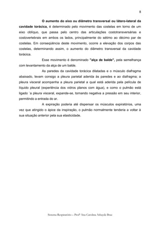 8

                O aumento do eixo ou diâmetro transversal ou látero-lateral da
cavidade torácica, é determinado pelo movimento das costelas em torno de um
eixo oblíquo, que passa pelo centro das articulações costotransversárias e
costovertebrais em ambos os lados, principalmente do sétimo ao décimo par de
costelas. Em conseqüência deste movimento, ocorre a elevação dos corpos das
costelas, determinando assim, o aumento do diâmetro transversal da cavidade
torácica.
                Esse movimento é denominado "alça de balde", pela semelhança
com levantamento da alça de um balde.
                As paredes da cavidade torácica dilatadas e o músculo diafragma
abaixado, levam consigo a pleura parietal aderida às paredes e ao diafragma; a
pleura visceral acompanha a pleura parietal a qual está aderida pela película de
líquido pleural (experiência dos vidros planos com água), e como o pulmão está
ligado `a pleura visceral, expande-se, tornando negativa a pressão em seu interior,
permitindo a entrada do ar.
                A expiração poderia até dispensar os músculos expiratórios, uma
vez que atingido o ápice da inspiração, o pulmão normalmente tenderia a voltar à
sua situação anterior pela sua elasticidade.




                    Sistema Respiratório – Profª Ana Carolina Athayde Braz
 