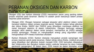 PERANAN OKSIGEN DAN KARBON
DIOKSIDA
Oksigen (O2) dan karbon dioksida (CO2) memainkan peran yang penting dalam
proses respirasi pada tanaman. Berikut ini adalah peran keduanya dalam proses
respirasi pada tanaman:
1. Oksigen (O2): Oksigen berperan sebagai akseptor akhir elektron dalam rantai
transport elektron dalam proses respirasi aerob. Setelah melalui tahap glikolisis
dan siklus Krebs, NADH dan FADH2 yang dihasilkan membawa elektron ke
rantai transport elektron di dalam mitokondria. Oksigen berfungsi sebagai
akseptor akhir elektron dalam rantai tersebut, membentuk air (H2O) sebagai
produk sampingan. Proses ini menghasilkan energi yang digunakan untuk
menghasilkan ATP melalui fosforilasi oksidatif.
2. Karbon Dioksida (CO2): Karbon dioksida merupakan produk sampingan dari
proses respirasi aerob pada tanaman. Dalam tahap siklus Krebs, molekul piruvat
yang dihasilkan dari glikolisis diubah menjadi CO2. CO2 kemudian dilepaskan
dari mitokondria dan diangkut melalui sistem vaskular tanaman ke daun melalui
pembuluh pengangkut. Di dalam daun, CO2 masuk ke dalam kloroplas untuk
digunakan dalam proses fotosintesis.
 