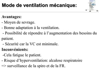 Mode de ventilation mécanique:
Avantages:
- Moyen de sevrage.
- Bonne adaptation à la ventilation.
- Possibilité de répondre à l’augmentation des besoins du
patient.
- Sécurité car la VC est minimale.
Inconvénients:
-Cela fatigue le patient.
- Risque d’hyperventilation: alcalose respiratoire
=> surveillance de la spiro et de la FR.
 