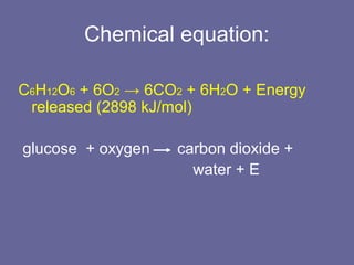 Chemical equation:
C6H12O6 + 6O2 → 6CO2 + 6H2O + Energy
released (2898 kJ/mol)
glucose + oxygen carbon dioxide +
water + E
 