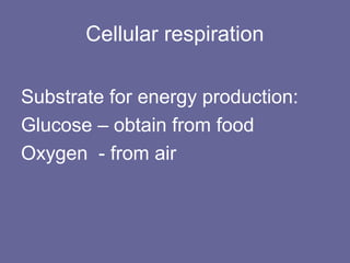 Cellular respiration
Substrate for energy production:
Glucose – obtain from food
Oxygen - from air
 