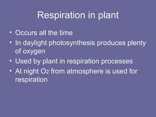 Respiration in plant
• Occurs all the time
• In daylight photosynthesis produces plenty
of oxygen
• Used by plant in respiration processes
• At night O2 from atmosphere is used for
respiration
 