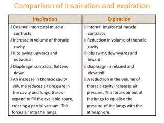 Comparison of inspiration and expiration
Inspiration Expiration
J External intercostal muscle
contracts
J Increase in volume of thoracic
cavity
J Ribs swing upwards and
outwards
J Diaphragm contracts, flattens
down
J An increase in thoracic cavity
volume reduces air pressure in
the cavity and lungs. Gases
expand to fill the available space,
creating a partial vacuum. This
forces air into the lungs.
ü Internal intercostal muscle
contracts
ü Reduction in volume of thoracic
cavity
ü Ribs swing downwards and
inward
ü Diaphragm is relaxed and
elevated
ü A reduction in the volume of
thoracic cavity increases air
pressure. This forces air out of
the lungs to equalise the
pressure of the lungs with the
atmosphere.
 