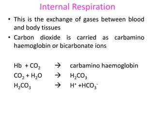 Internal Respiration
• This is the exchange of gases between blood
and body tissues
• Carbon dioxide is carried as carbamino
haemoglobin or bicarbonate ions
Hb + CO2  carbamino haemoglobin
CO2 + H2O  H2CO3
H2CO3  H+ +HCO3
-
 