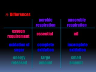  Differences
aerobic
respiration
anaerobic
respiration
complete
oxidation
incomplete
oxidation
oxidation of
sugar
essential
oxygen
requirement
nil
energy
released
large
amount
small
amount
 