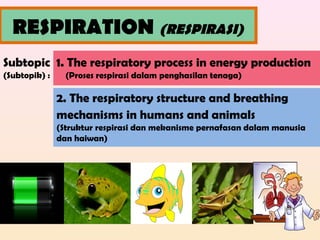 RESPIRATION (RESPIRASI)
Subtopic
(Subtopik) :
1. The respiratory process in energy production
(Proses respirasi dalam penghasilan tenaga)
2. The respiratory structure and breathing
mechanisms in humans and animals
(Struktur respirasi dan mekanisme pernafasan dalam manusia
dan haiwan)
 