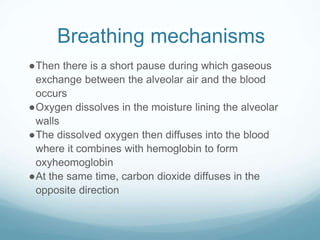 Breathing mechanisms
●Then there is a short pause during which gaseous
exchange between the alveolar air and the blood
occurs
●Oxygen dissolves in the moisture lining the alveolar
walls
●The dissolved oxygen then diffuses into the blood
where it combines with hemoglobin to form
oxyheomoglobin
●At the same time, carbon dioxide diffuses in the
opposite direction
 