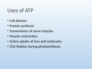 Uses of ATP
• Cell division
• Protein synthesis
• Transmission of nerve impulse
• Muscle contraction.
• Active uptake of ions and molecules.
• CO2 fixation during photosynthesis.
 