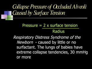 Collapse Pressure of Occluded Alveoli Caused by Surface Tension Pressure = 2 x surface tension   Radius Respiratory Distress Syndrome of the Newborn  - caused by little or no surfactant. The lungs of babies have extreme collapse tendencies, 30 mmHg or more 
