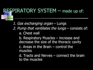 RESPIRATORY SYSTEM –  made up of: 1. Gas exchanging organ  – Lungs 2. Pump that ventilates the lungs  – consists of: a. Chest wall b. Respiratory Muscles – increase and  decrease the size of the thoracic cavity c. Areas in the Brain – control the  muscles d. Tracts and Nerves – connect the brain  to the muscles 