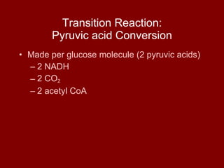 Transition Reaction: Pyruvic acid Conversion Made per glucose molecule (2 pyruvic acids) 2 NADH  2 CO 2 2 acetyl CoA 