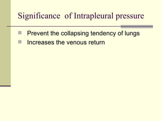 Significance of Intrapleural pressure
 Prevent the collapsing tendency of lungs
 Increases the venous return
 