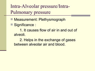 Intra-Alveolar pressure/Intra-
Pulmonary pressure
 Measurement: Plethysmograph
 Significance :
     1. It causes flow of air in and out of
  alveoli.
     2. Helps in the exchange of gases
  between alveolar air and blood.
 