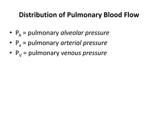 Distribution of Pulmonary Blood FlowPA = pulmonary alveolar pressurePa = pulmonary arterial pressurePV = pulmonary venous pressure