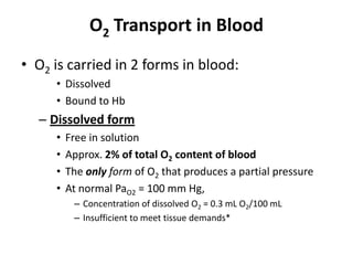 O2 Transport in Blood O2 is carried in 2 forms in blood: DissolvedBound to HbDissolved formFree in solution Approx. 2% of total O2 content of bloodThe only form of O2 that produces a partial pressureAt normal PaO2 = 100 mm Hg, Concentration of dissolved O2 = 0.3 mL O2/100 mLInsufficient to meet tissue demands*