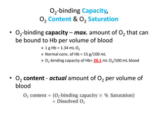 O2-binding Capacity, O2Content&O2SaturationO2-binding capacity – max. amount of O2 that can be bound to Hb per volume of blood1 g Hb = 1.34 mL O2Normal conc. of Hb = 15 g/100 mLO2-binding capacity of Hb= 20.1 mL O2/100 mL bloodO2content - actual amount of O2 per volume of blood
