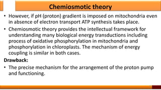 Chemiosmotic theory
• However, if pH (proton) gradient is imposed on mitochondria even
in absence of electron transport ATP synthesis takes place.
• Chemiosmotic theory provides the intellectual framework for
understanding many biological energy transductions including
process of oxidative phosphorylation in mitochondria and
phosphorylation in chloroplasts. The mechanism of energy
coupling is similar in both cases.
Drawback:
• The precise mechanism for the arrangement of the proton pump
and functioning.
56
 