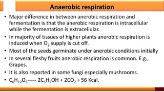 Anaerobic respiration
• Major difference in between anerobic respiration and
fermentation is that the anerobic respiration is intracellular
while the fermentation is extracellular.
• In majority of tissues of higher plants anerobic respiration is
induced when O2 supply is cut off.
• Most of the seeds germinate under anerobic conditions initially
• In several fleshy fruits anerobic respiration is common. E.g.,
Grapes.
• It is also reported in some fungi especially mushrooms.
• C6H12O6----- 2C5H5OH + 2CO2 + 56 Kcal.
8
 