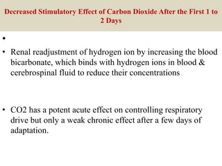 Decreased Stimulatory Effect of Carbon Dioxide After the First 1 to
2 Days
•
• Renal readjustment of hydrogen ion by increasing the blood
bicarbonate, which binds with hydrogen ions in blood &
cerebrospinal fluid to reduce their concentrations
• CO2 has a potent acute effect on controlling respiratory
drive but only a weak chronic effect after a few days of
adaptation.
 