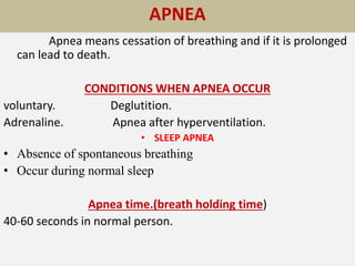 APNEA
Apnea means cessation of breathing and if it is prolonged
can lead to death.
CONDITIONS WHEN APNEA OCCUR
voluntary. Deglutition.
Adrenaline. Apnea after hyperventilation.
• SLEEP APNEA
• Absence of spontaneous breathing
• Occur during normal sleep
Apnea time.(breath holding time)
40-60 seconds in normal person.
 