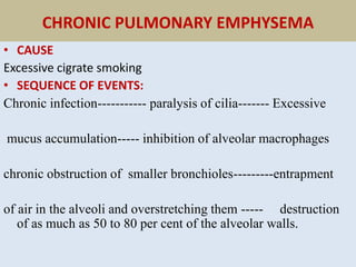 CHRONIC PULMONARY EMPHYSEMA
• CAUSE
Excessive cigrate smoking
• SEQUENCE OF EVENTS:
Chronic infection----------- paralysis of cilia------- Excessive
mucus accumulation----- inhibition of alveolar macrophages
chronic obstruction of smaller bronchioles---------entrapment
of air in the alveoli and overstretching them ----- destruction
of as much as 50 to 80 per cent of the alveolar walls.
 