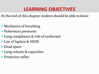 LEARNING OBJECTIVES
At the end of this chapter student should be able to know
 Mechanics of breathing
 Pulmonary pressures
 Lung compliance & role of surfactant
 Law of laplace & ARDS
 Dead space
 Lung volume & capacities
 Protective reflex
 