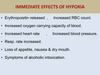 IMMEDIATE EFFECTS OF HYPOXIA
• Erythropoietin released , Increased RBC count.
• Increased oxygen carrying capacity of blood.
• Increased heart rate , Increased blood pressure.
• Resp. rate increased.
• Loss of appetite, nausea & dry mouth.
• Symptoms of alcoholic intoxication.
 