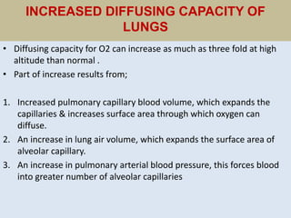INCREASED DIFFUSING CAPACITY OF
LUNGS
• Diffusing capacity for O2 can increase as much as three fold at high
altitude than normal .
• Part of increase results from;
1. Increased pulmonary capillary blood volume, which expands the
capillaries & increases surface area through which oxygen can
diffuse.
2. An increase in lung air volume, which expands the surface area of
alveolar capillary.
3. An increase in pulmonary arterial blood pressure, this forces blood
into greater number of alveolar capillaries
 