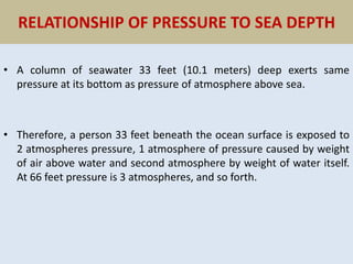 RELATIONSHIP OF PRESSURE TO SEA DEPTH
• A column of seawater 33 feet (10.1 meters) deep exerts same
pressure at its bottom as pressure of atmosphere above sea.
• Therefore, a person 33 feet beneath the ocean surface is exposed to
2 atmospheres pressure, 1 atmosphere of pressure caused by weight
of air above water and second atmosphere by weight of water itself.
At 66 feet pressure is 3 atmospheres, and so forth.
 